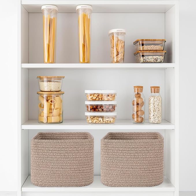 OIAHOMY 9”x9”x7” Storage Cubes, Cotton Rope Woven Baskets for Organizing, Cube Storage Bin, Small Gift Basket for Shelf, 3-Pack, Brown