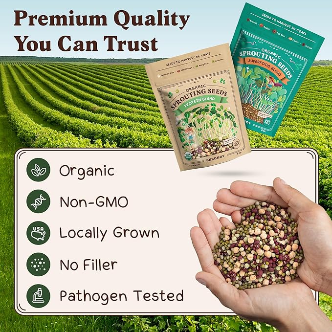 Seedboy Organic Sprouting Seeds Variety Pack - Two 8oz Bag Bundle - Superfood & Protein Blends, Non-GMO, USA-Grown Microgreens Mix, Makes 12 Quarts of Sprouts (36 Servings) (Superfood/Protein)