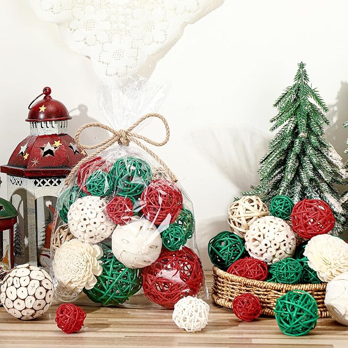 Riceshoot 2 Pack Decorative Balls Potpourri Bowl Filler Decor Natural Vase Bowl Filler Assorted Spherical Rattan Twigs Wicker Balls Cotton for Home Centerpiece(Red, Green, White)