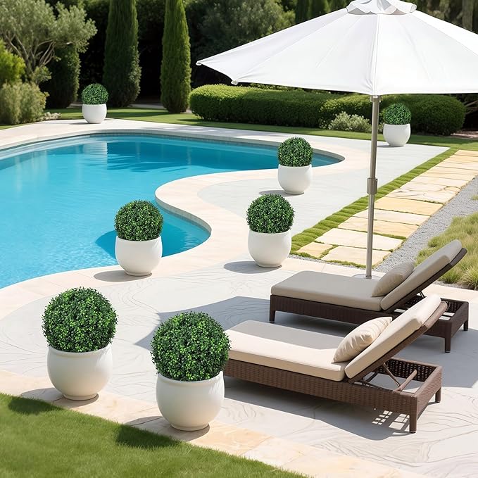 25.6'' Faux Outdoor Plants with Spike, 1PCS UV Resistant Artificial Boxwood Balls Topiary Tree Outdoor, Realistic Fake Plants Outside for Balcony Yard Garden Porch Entryway Front Door Decor