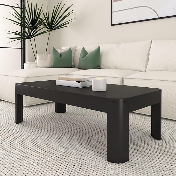 Plank+Beam Modern Rounded Coffee Table, 48 Inch, Solid Wood Contemporary Center Table for Living Room, Rectangle Tea Table, Black