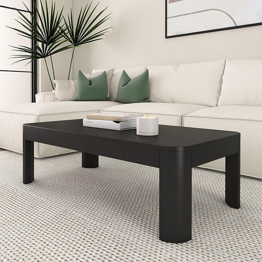 Plank+Beam Modern Rounded Coffee Table, 48 Inch, Solid Wood Contemporary Center Table for Living Room, Rectangle Tea Table, Black