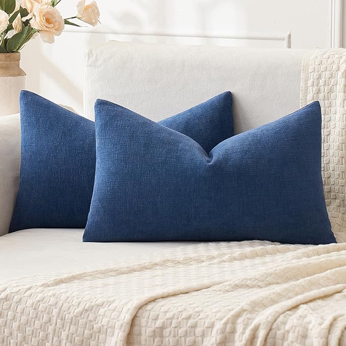 MIULEE Navy Blue Couch Pillow Covers 12x20 Inch, Set of 2 Soft Chenille Decorative Lumbar Throw Pillow Covers Farmhouse for Sofa Living Room Bed