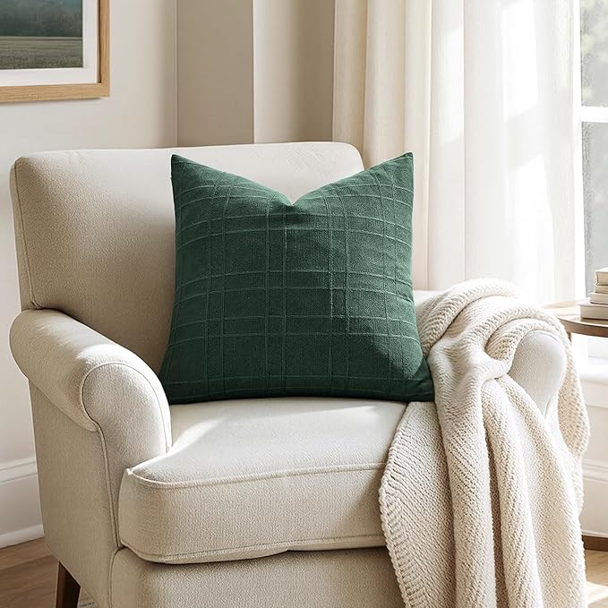 MIULEE Christmas Decorative Linen Check Euro Shams Throw Pillow Covers Neutral Farmhouse Vintage Pillow Covers 24x24 Set of 2 Boho Modern Home Decor for Sofa Couch Bedroom Cushion Dark Green