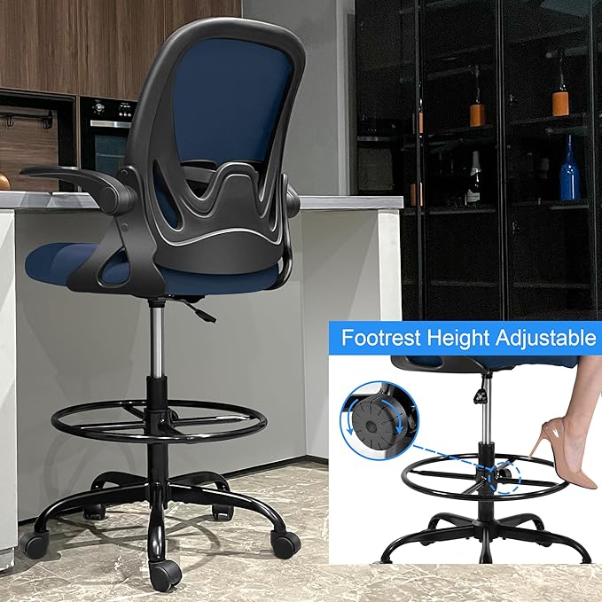 Drafting Chair, Tall Office Chair Ergonomic Standing Desk Chair,with Adjustable Footrest Ring, 3D Lumbar Support, Flip-up Armrests, Swivel Desk Stool for Drawing Working Navy