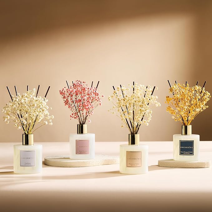 Cocorrína Premium Reed Diffuser Set with Preserved Baby's Breath & Cotton Stick Sandalwood Rose | 6.7oz Scent Fragrance Oil Diffuser for Bedroom Bathroom Home Décor