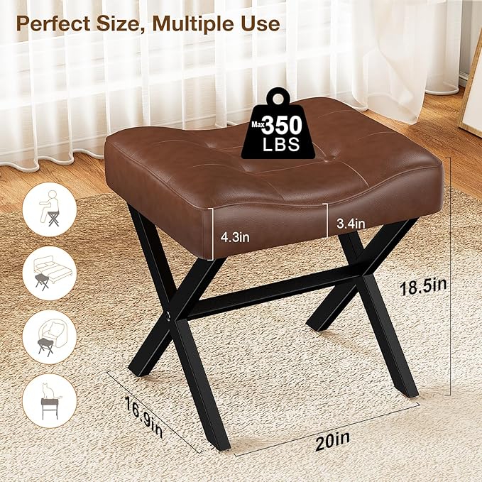18-Inch Large Leather Vanity Stool, Vanity Chair with Metal X-Leg, Ottoman Accent Stool with Thick Padded Saddle Seat, Dark Brown