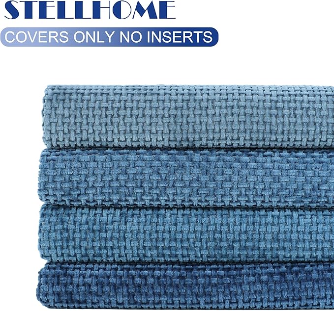 Stellhome Set of 4 Neutral Decorative Throw Pillow Covers Soft Chenille Woven Textured Luxury Accent Cushion Cases for Living Room Couch Bed Sofa Farmhouse Boho Home, 18x18 inch, Neutral Blue
