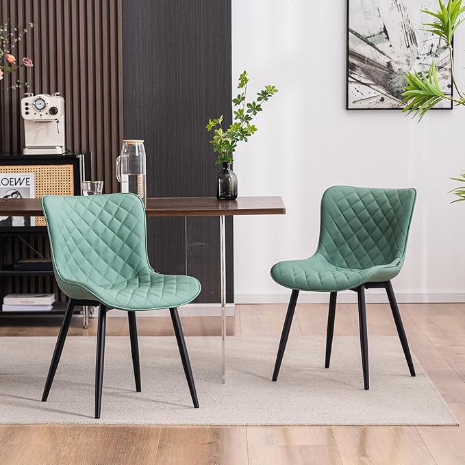 YOUTASTE Light Green Dining Chairs Set of 2 Mid Century Modern PU Leather Diamond Upholstered Accent Guest Dinner Chair with Back Metal Legs for Kitchen Living Reception Waiting Room