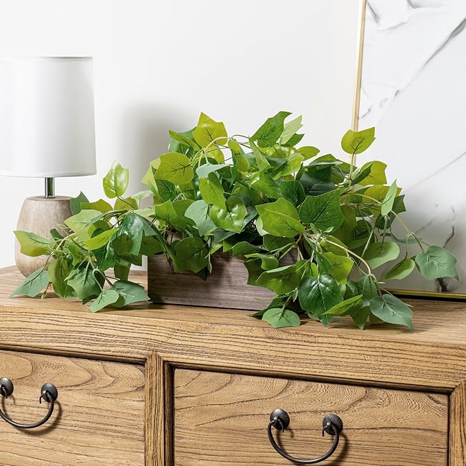 MyGift Vibrant Lifelike Artificial Plant Grape Leafy Vine Greenery in Rustic Brown Solid Wood Rectangular Planter Box