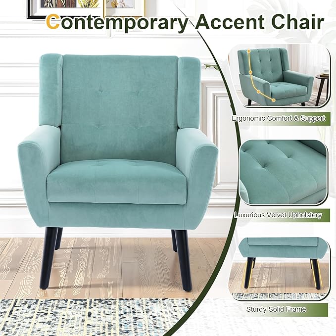 NicBex Modern Accent Chair for Living Room Upholstered Foam Filled Living Room Chairs with Metal Legs Velvet Cozy Lounge Armchair for Living Room Bedroom,Mint Green
