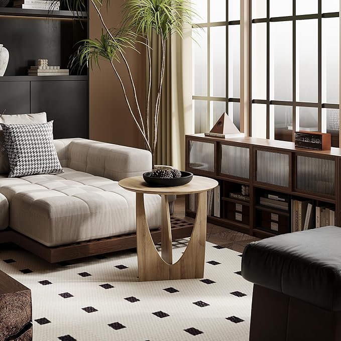 Round Side Table,Modern Aesthetic End Table with Oak Veneer,Wood Accent Table for Living Room, Bedroom (A, Natural)