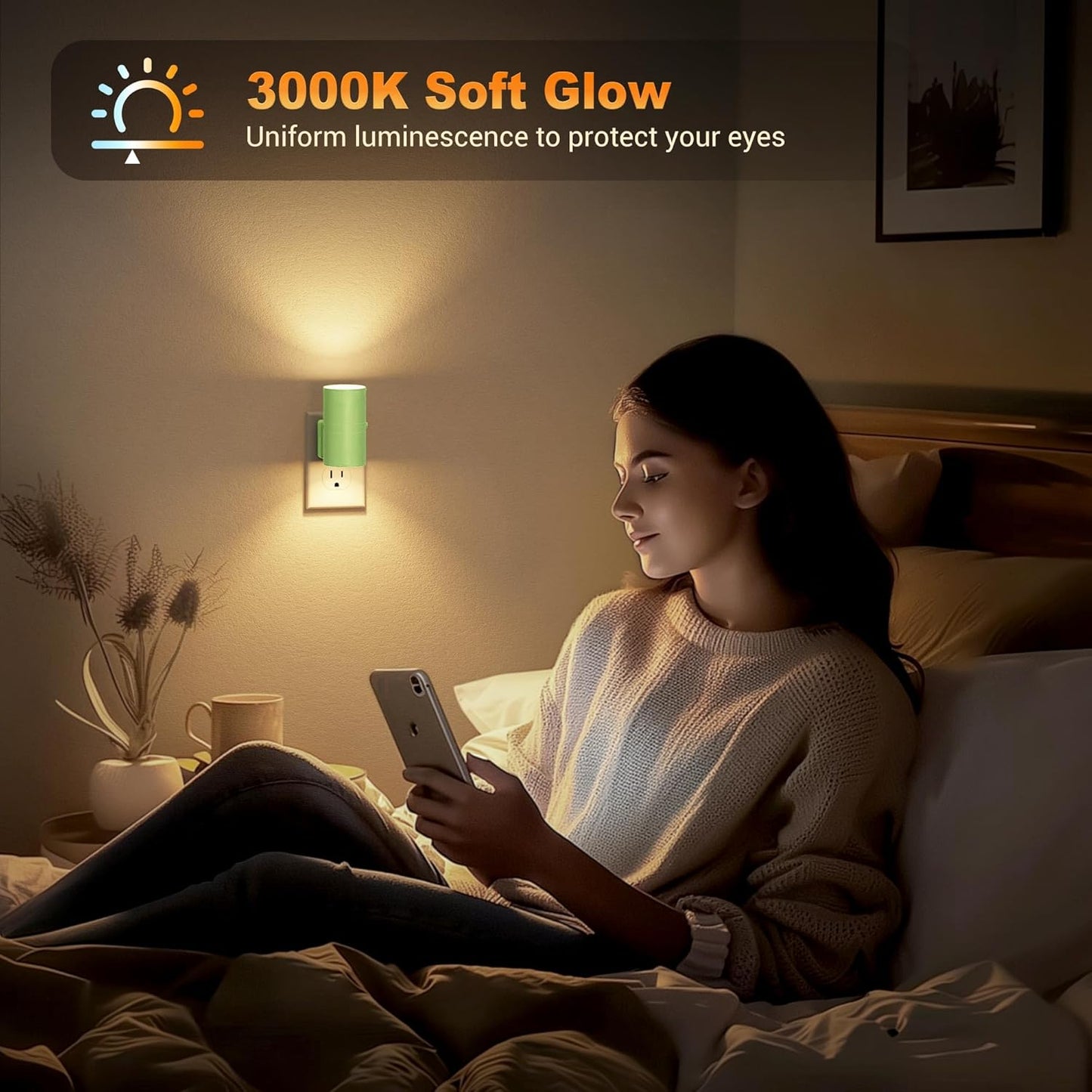 JandCase Night Lights Plug into Wall, Dimmable Night Light Plug in with Green Shade, Modern Night Lights with Dusk to Dawn Sensor, Soft White 3000K, 0-100LM Nightlight for Hallway Bedroom, 2 Pack