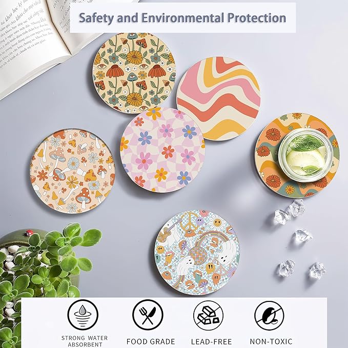 Table Coaster for Drinks Set of 6, Retro 70s Colorful Groovy Round Ceramic Coasters,with Cork Base and Metal Holder,Great Housewarming Birthday Gifts,Home Decor