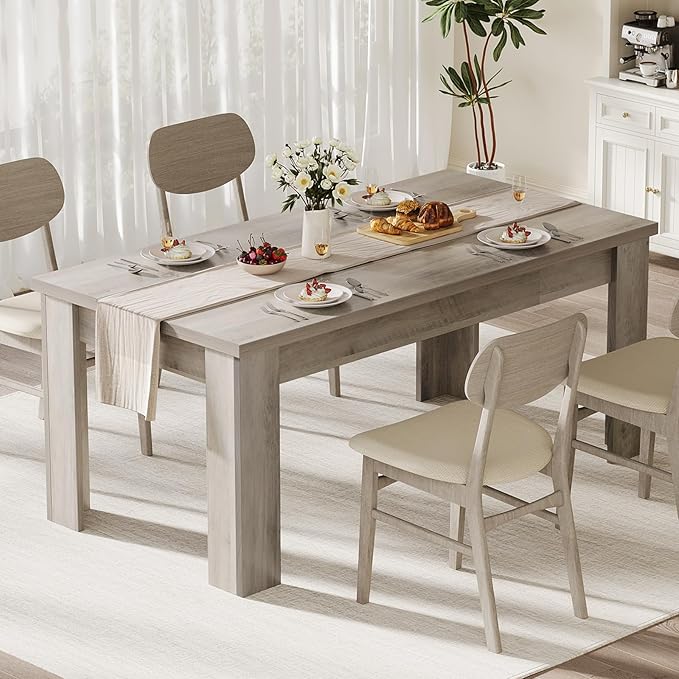 CABIHOME 63" Dining Table for 4-6, Large Farmhouse Rectangular Kitchen Dining Room Table, Wooden, Thick Frame & Sturdy Triangular Legs, Wood Strip Base for Small Space, Dinner, Kitchen, Rustic Gray
