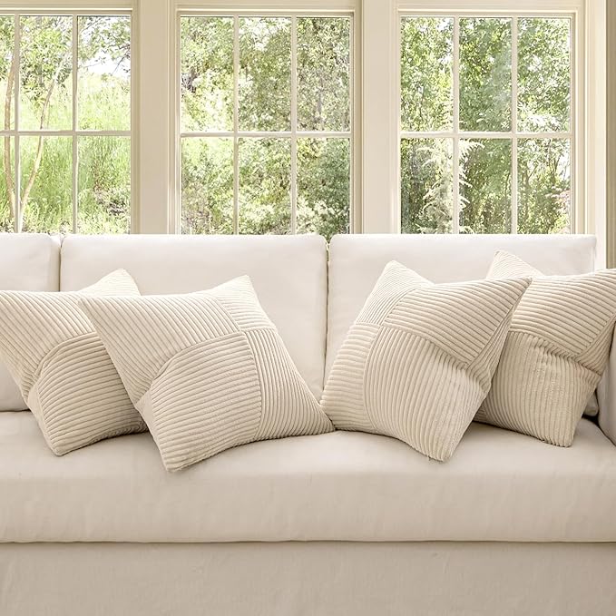 MIULEE Beige Throw Pillow Covers 18x18 Inch Set of 4 Boho Patchwork Cushion Cases Modern Farmhouse Pillow Cases with Invisible Zipper Corduroy Striped Home Decor for Couch Sofa Bedroom