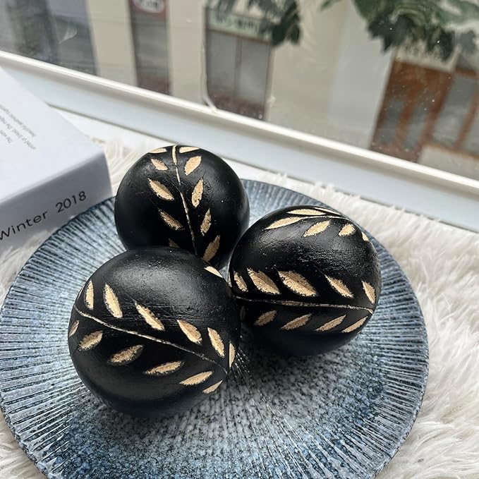 Set of 6 Decorative Orbs for Bowls and Vases- Leaf Pattern - 2.6in Resin Round Sphere Balls for Living, Dining Room Coffee Table Centerpiece Home Decor