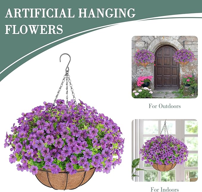 AGIRL Artificial Flowers Hanging Plants in Basket,Artificial Hanging Flowers for Outdoor Indoor Decor,UV Resistant Hanging Baskets with Fake Flowers for Patio Garden Porch Deck Decoration