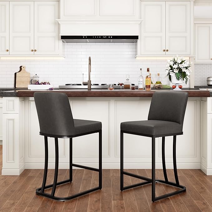 PHI VILLA Dark Grey Bar Stools Set of 2, Faux Leather Counter Height Chairs, Kitchen Stools for Island, 24 Inch Barstools with Back
