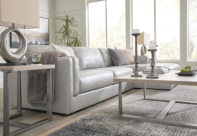 Signature Design by Ashley Amiata Modern L-Shaped Leather Match 2-Piece Sectional with Chaise, Light Gray