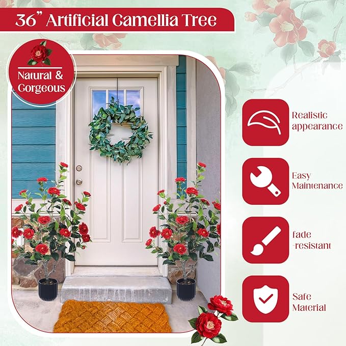 Jexine 2 Pack 36" Artificial Tree with Camellia, Fake Tree with 24 Blooming Flowers, Flower Plants Tree Faux Floral Plant Tree in Cement Pot for Indoor Outdoor Office Home Porch Decor (Red, 36")