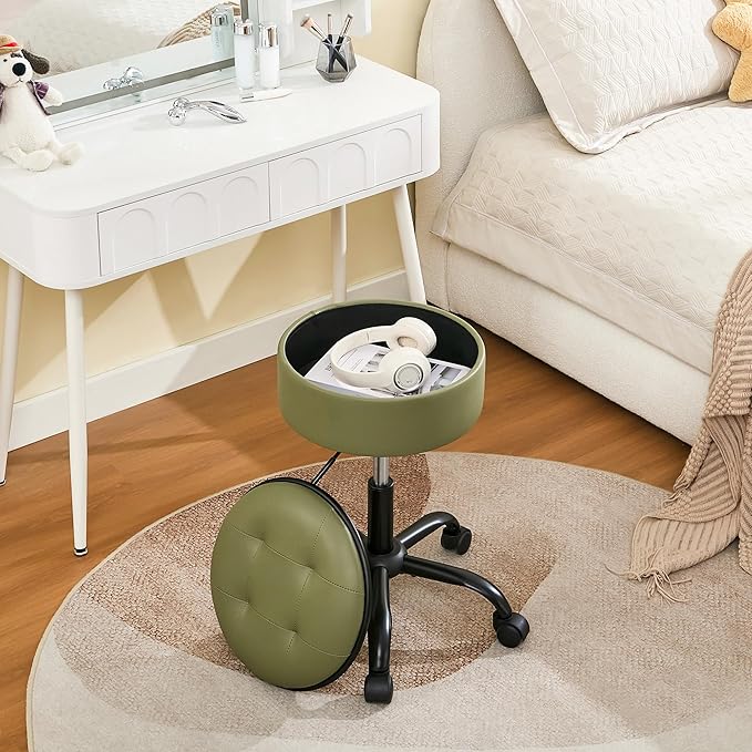 Salon Chair (Stool & Small Table in One) (Teacher Stool Adjustable Height 20.67"-24.61"), Green Vanity Chair with Storage