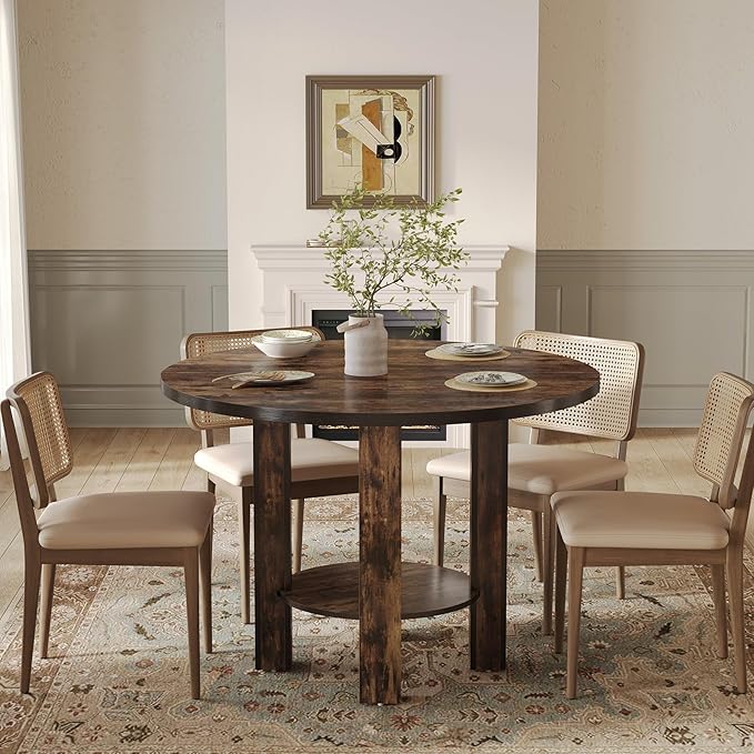 LITTLE TREE 39-Inch Round Dining Table for 4, Small Farmhouse Kitchen Dinner Table with Storage, 2-Tier Wooden Kitchen and Dining Room Furniture, Rustic Brown