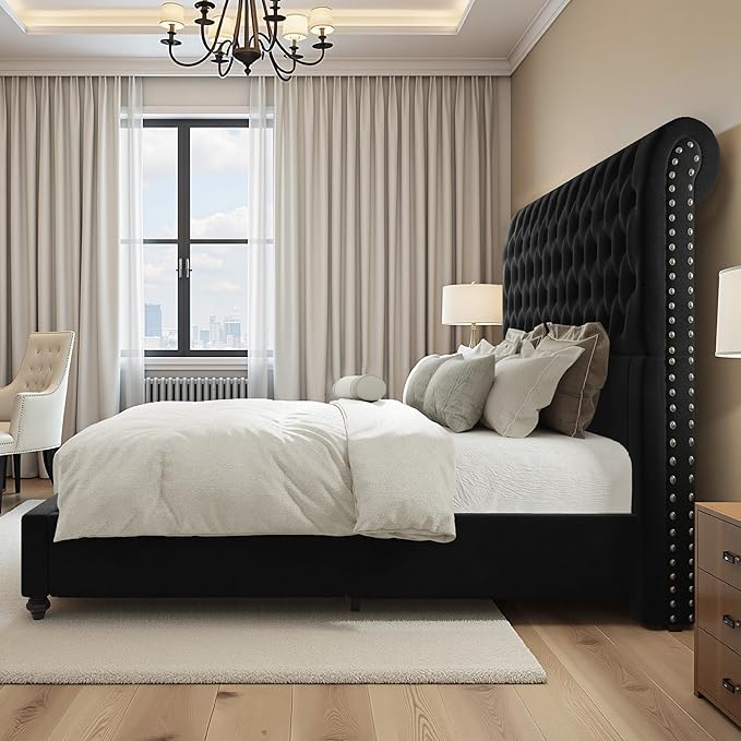 Jocisland King Size Bed Frame with 53" Tall Headboard, Velvet Upholstered Platform Sleign Bed with Button Tufted, Solid Wood Legs, No Box Spring Needed, Easy Assembly, Black