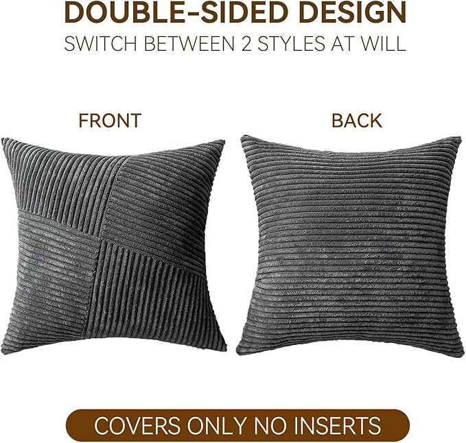 Decorative Throw Pillow Covers 20x20 Inch Set of 2 for Boho Living Room Farmhouse Home Decor, Spring Pillow Covers for Couch Bed, Soft Corduroy Striped Patchwork Cushion Cases, Dark Gray