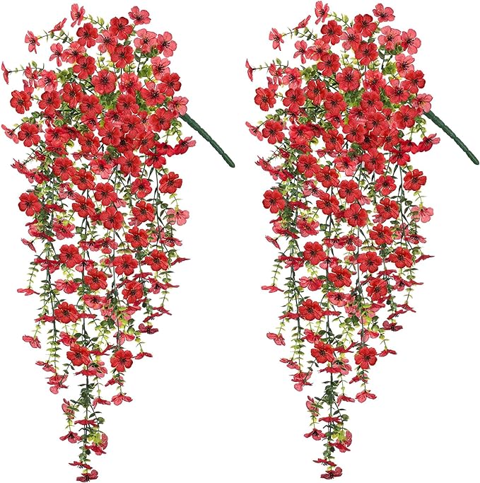 Artificial Hanging Flowers for Outdoors Faux Plants Decoration, 2 Packs Fake Silk Daisy Flower Realistic Outdoor Flowers UV Resistant Porch Patio Window Yard Outside Decor(Red)