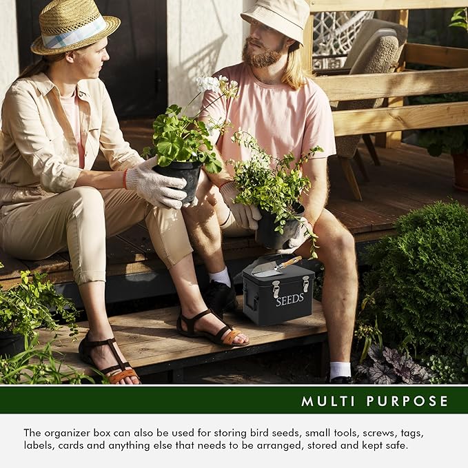 Garden Seed Storage Box with Dividers Seeds Packet Organizer Case for Gardening 3 Inner Slot Bird Plant or Vegetable Seed Container Saver Tin – Black Galvanized Metal with Envelopes & Labels