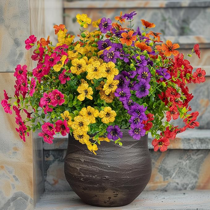 10 Bundles Artificial Faux Flowers for Outdoor,10Pcs Fake Flowers for Home Decor,Plastic Flowers Shrubs Lifelike Artificial Greenery Home Porch Stems Outside Decor(Mix)