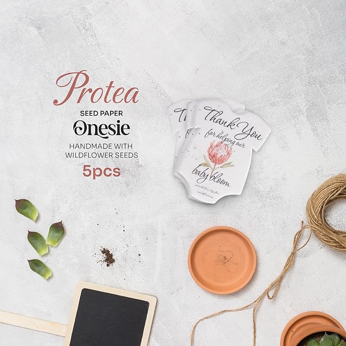 Plantable Onesie Seed Paper – 5 Protea Baby Shower Favors for Guests with Wildflower Seeds, Baby Shower Gifts for Guest