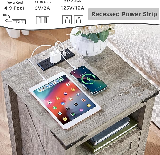Nightstands Set of 2 with Charging Station, Farmhouse Night Stand with 2 Drawers and Shelf Storage, Wooden Side End Table, Bedside Cabinet for Bedroom, Living Room, Closet,Office (Grey)