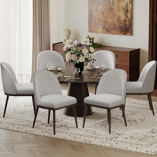 Upholstered Dining Chairs Set of 6, Large Dining Room Kitchen Chairs with High Back and Deep Seat, Modern Fabric Dinner Chairs with Wood Legs, Light Grey