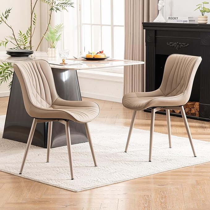 YOUTASTE All Khaki Dining Chairs Set of 2, Mid-Century Modern Armless Kitchen Chairs with Back, Faux Leather Upholstered Accent Chairs with Metal Legs for Living Room, or Bedroom