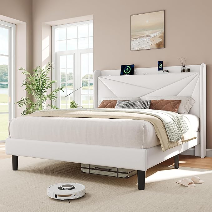iPormis Full Size Bed Frame with Charging Station, Velvet Platform Bed Frame with Wingback Upholstered Headboard, Solid Wood Slats Support, No Box Spring Needed, Easy Assembly, White