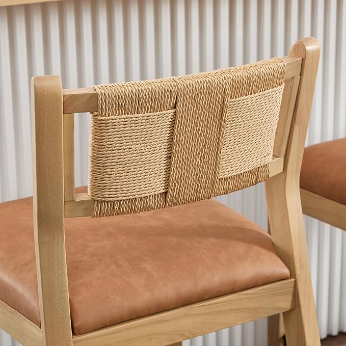 CIMOTA Rattan Counter Height Bar Stools Set of 2, 26" Farmhouse Barstools with Woven Backs, Boho Wood Bar Chairs Leather Upholstered Counter Stools for Kitchen Island/Counter/Bar, PU Brown