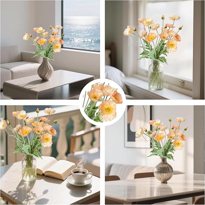 Artificial Poppy Flowers, 5 Bundles Faux Poppies with Stems for Floral Arrangements - Wedding, Home, Office, Party Table Centerpiece Decor (Light Peach)
