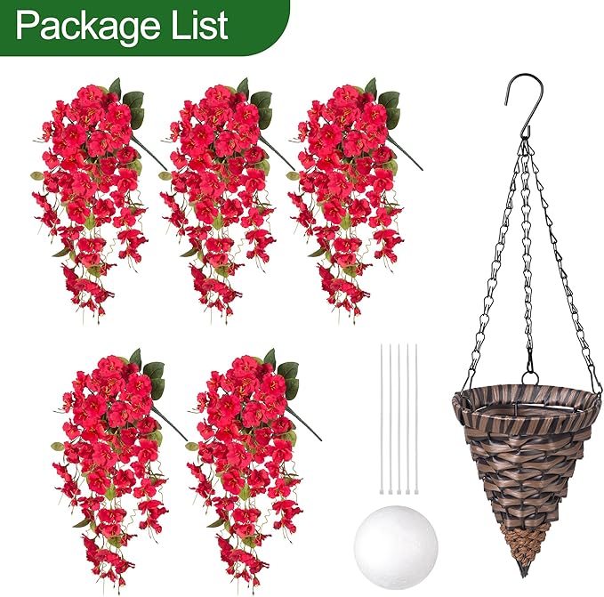 Artificial Fake Hanging Hibiscus Flowers Plants Baskets for Outdoor Decor, Faux Silk Hibiscus Long Vines in Planter UV Resistant Realistic Flowers for Outside Porch Patio Home Decoration, Red