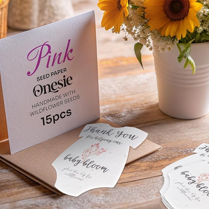 Plantable Onesie Seed Paper – 15 Pink Baby Shower Favors for Guests with Wildflower Seeds, Baby Shower Gifts for Guest