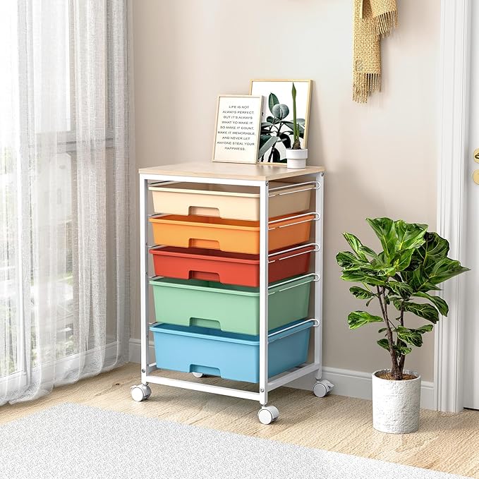 Craft cart,Rolling Cart with Drawers,Storage Cart with 5 Drawers and Wooden Tabletop for Under Desk Organizers and Storage,Macaron