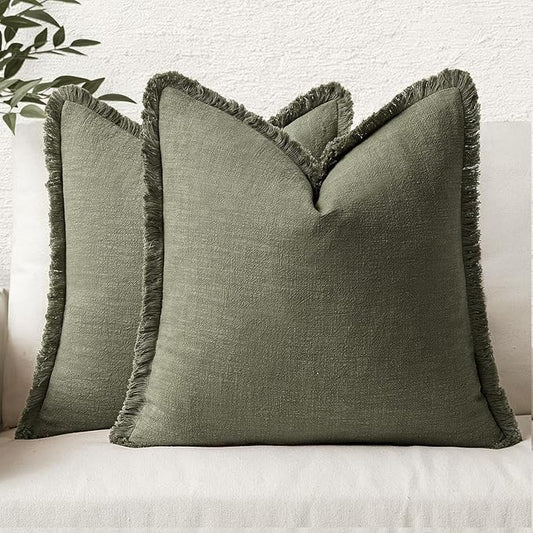 MIULEE Decorative Throw Pillow Covers Neutral Linen Fringe Throw Pillows Euro Shams Set of 2 Olive Green Boho Farmhouse Cushion Covers for Couch Sofa Bed Living Room Spring Home Decor 24x24 Inch
