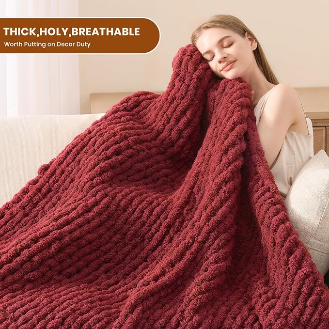 L'AGRATY Chunky Knit Blanket Throw: 50''x60'' Chenille Chunky Knitted Throw Blankets for Bed Couch - Handmade Thick Cable Knit Blanket - Large Crochet Rope Blankets for Home Decor(Maroon Red)