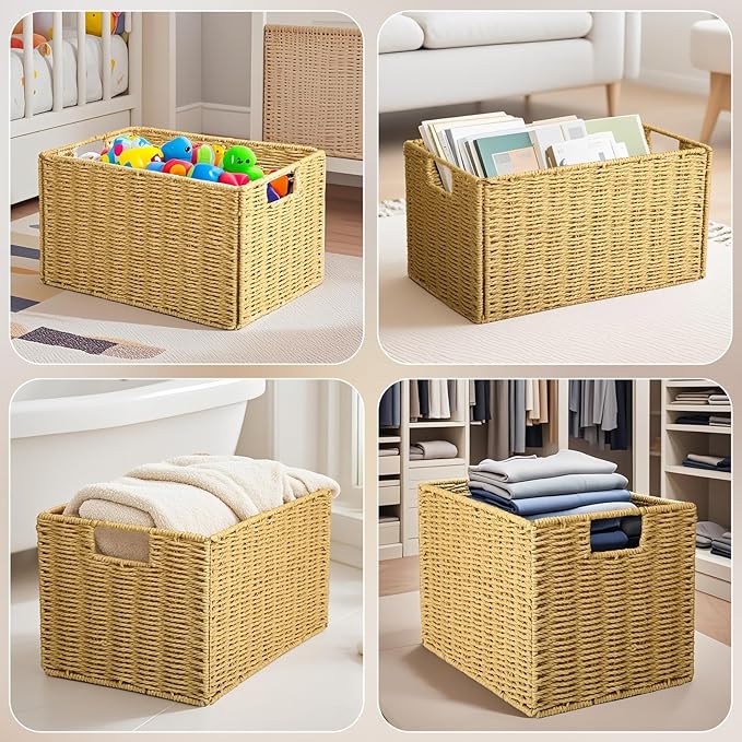 Collapsible Storage Basket 2 pcs, storage boxes for shelves, With Insertion Handle,15 * 8.6 * 10 In Hand-Woven Seagrass Storage Basket, Suitable for Bedroom Storage and Other Scenarios