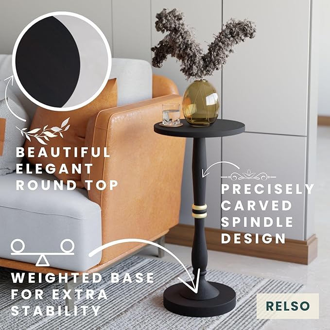 Relso Sceptrum Solid Wood Black Side Table – 24" Tall Round End Table, Narrow Accent for Living Room or Bedroom, Plant Stand or Drink Table, Compact Pedestal Table for Small Spaces | Easy Assembly