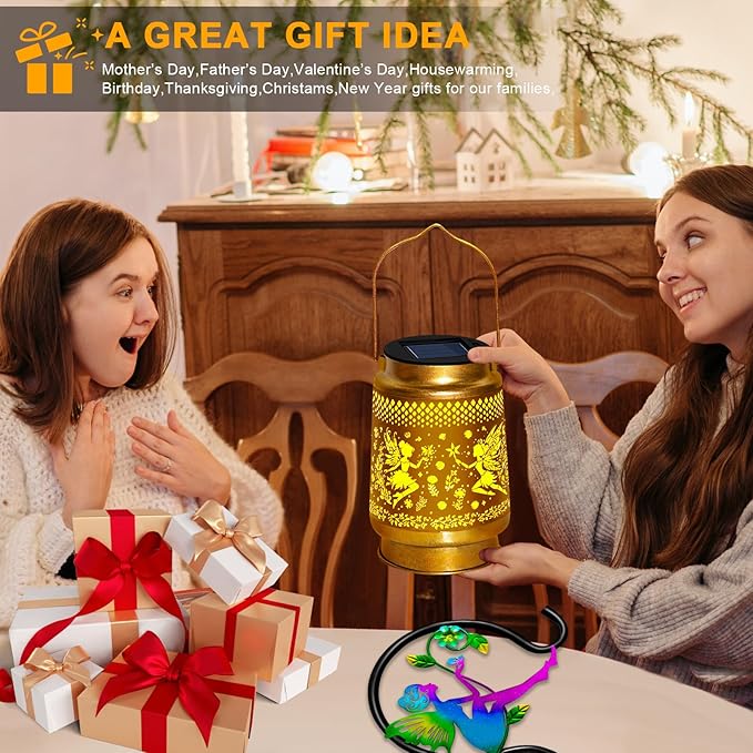 2 Packs Fairy Solar Lanterns Outdoor Waterproof with Shepherd Hook,Hanging Solar Lights Fairy Garden Decor,Christmas Decorations Gifts for Women Grandma,Metal Decorative Lanterns for Yard,Patio,Porch