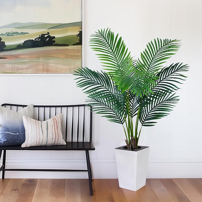 5FT Artificial Palm Tree with White Tall Planter - Fake Tree Areca Floor Plant in Pot - Artificial Silk Plants for Indoor Home Office Decor