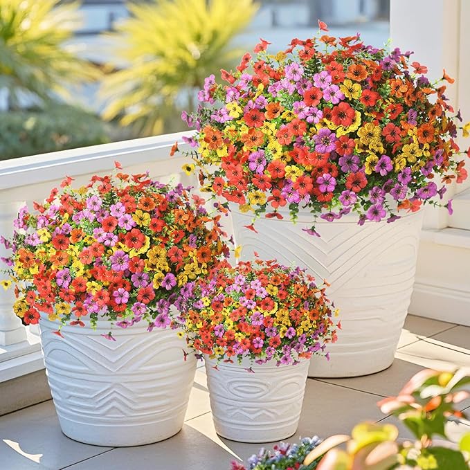 Artificial Flowers Faux Plants Outdoor Fake Flowers Spring Decor,12 Bundles Realistic Plastic Plant Colorful Daisy UV Resistant for Porch Patio Home Yard Garden Window Box Pot Planters