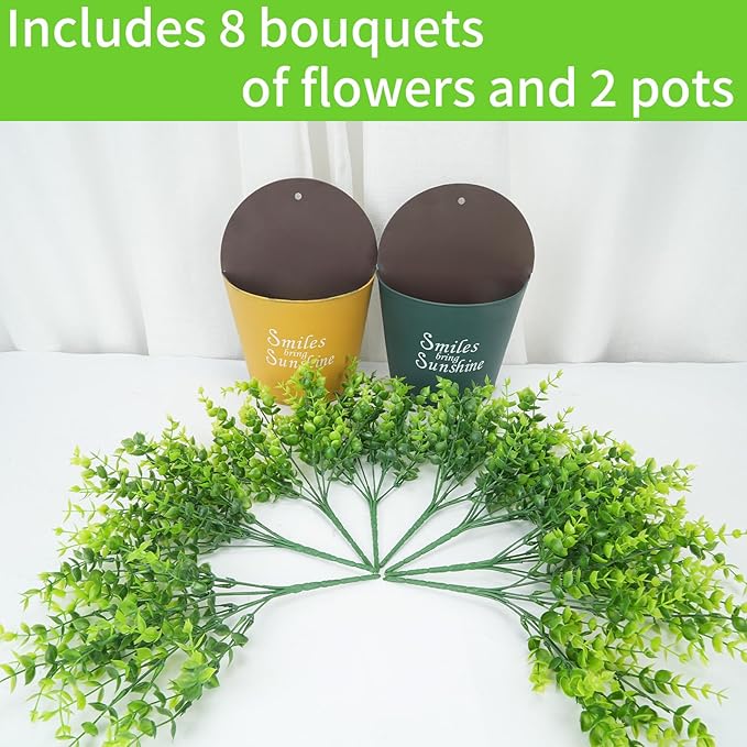 2 Pack Wall Planters with Artificial Plants Eucalyptus Wall Vases for Decor Fake Greenery Plants for Outdoor Indoor Home Bathroom Living Room Garden